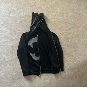 Unisex Size Medium Spiderweb Fangs Graphic Black Rhinestone zip up jacket